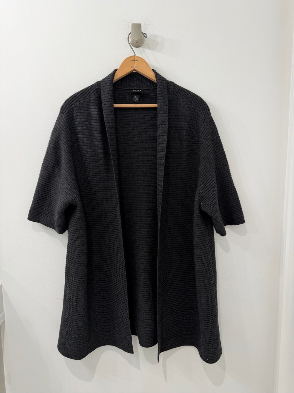 Eileen Fisher Italian Yarn Charcoal Gray Short Sleeve Open Front Ribbed Cardigan